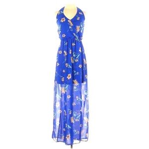Sienna Sky Blue Floral Halter Maxi Dress Open Back Sheer Overlay